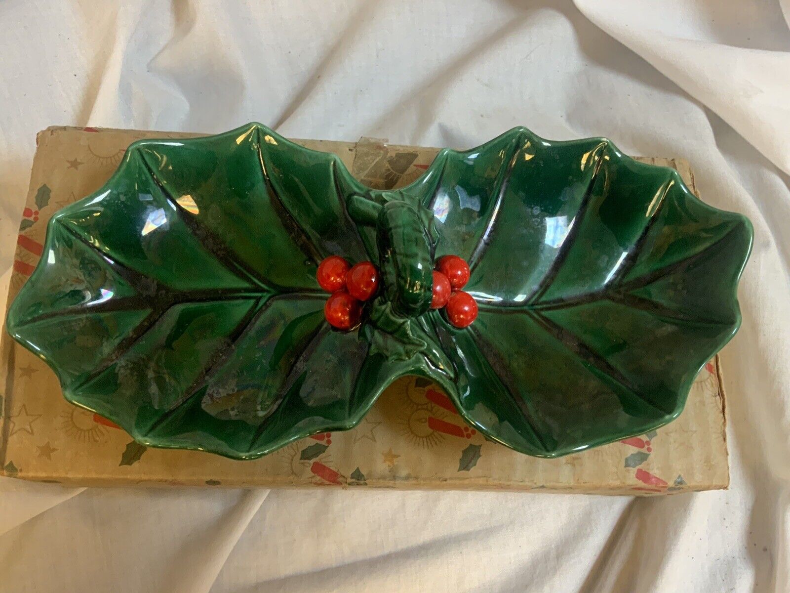 Vintage Lefton's Christmas Holiday Green Holly Dish Original Box