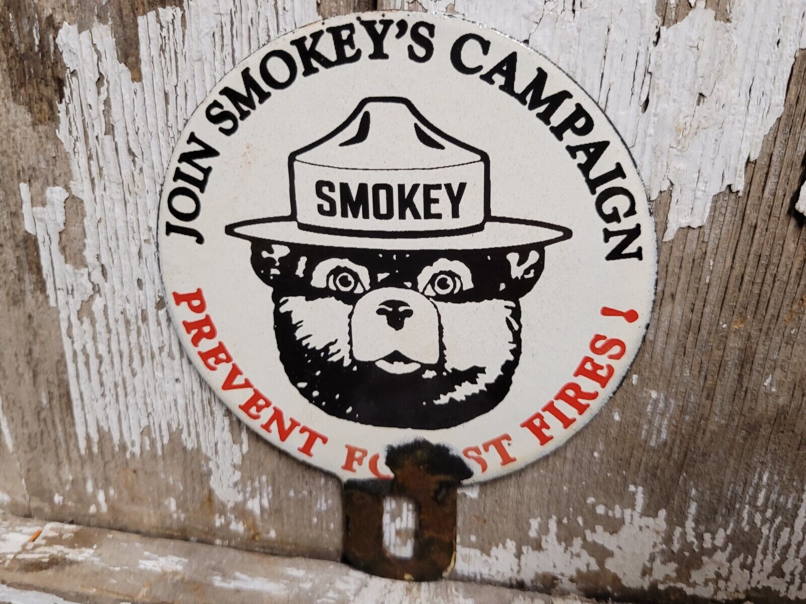 VINTAGE SMOKEY BEAR PORCELAIN SIGN OLD FOREST SERVICE NATIONAL PARK FIRES TOPPER