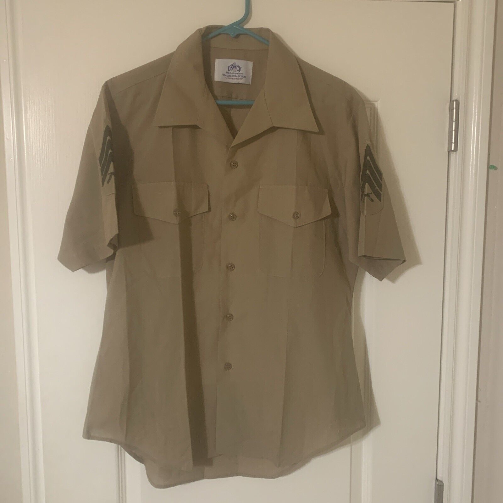 DSCP Valor Marine USMC Button Up Shirt Military Khaki Short Sleeve Sz 16