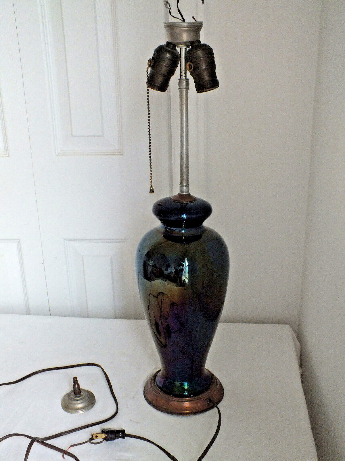 Gorgeous IRIDESCENT CERAMIC Black purple blue antique lamp  parts repair vintage