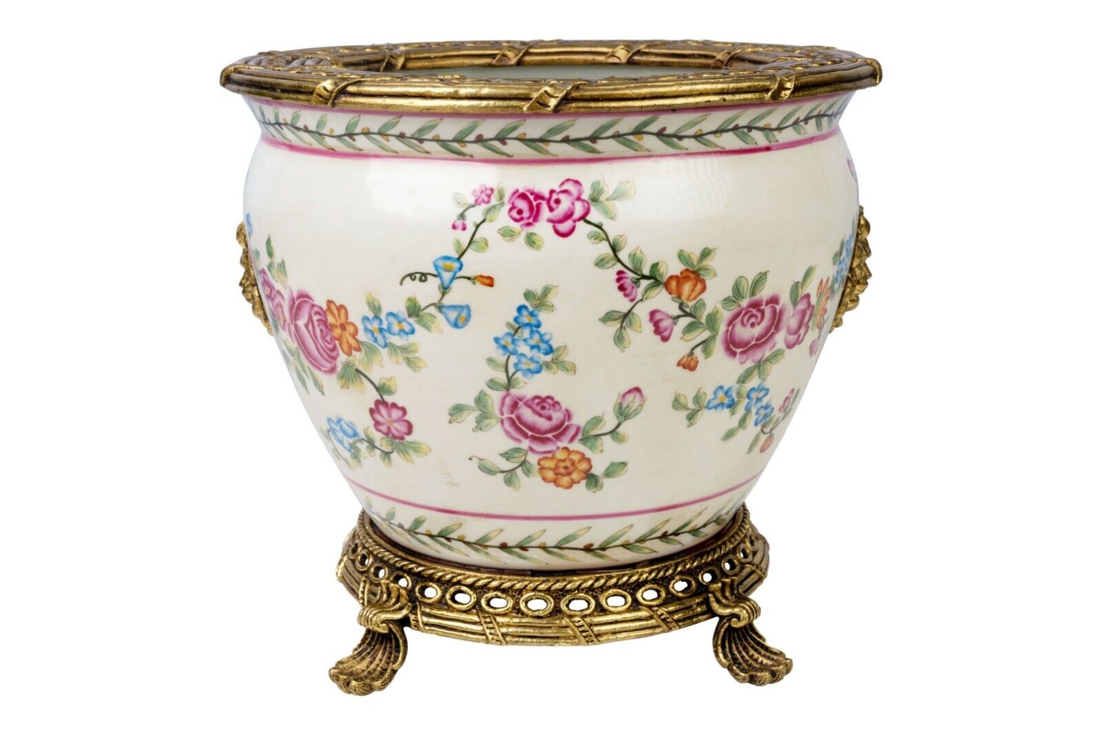 Beautiful Floral Motif Porcelain Bowl Pot Brass Ormolu Accents 10
