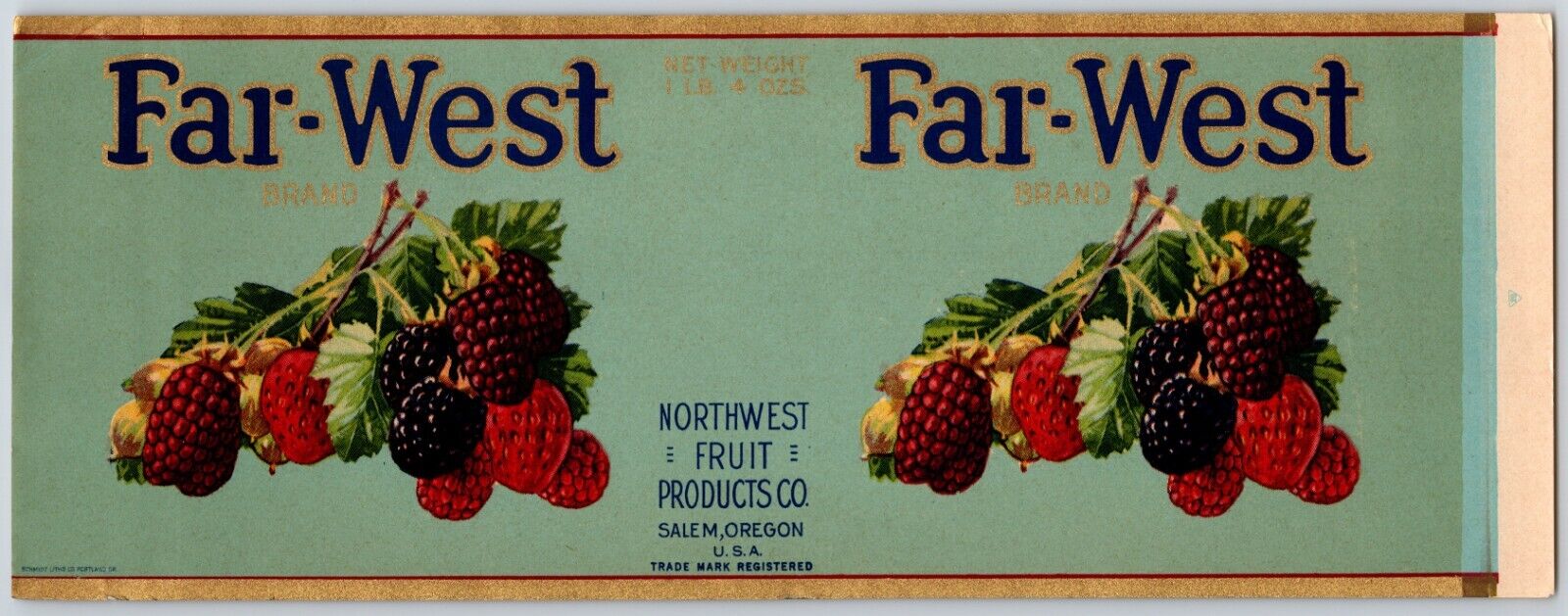 Far West Brand Raspberries Paper Can Label Salem Oregon c1915-20 Gold Ink Scarce