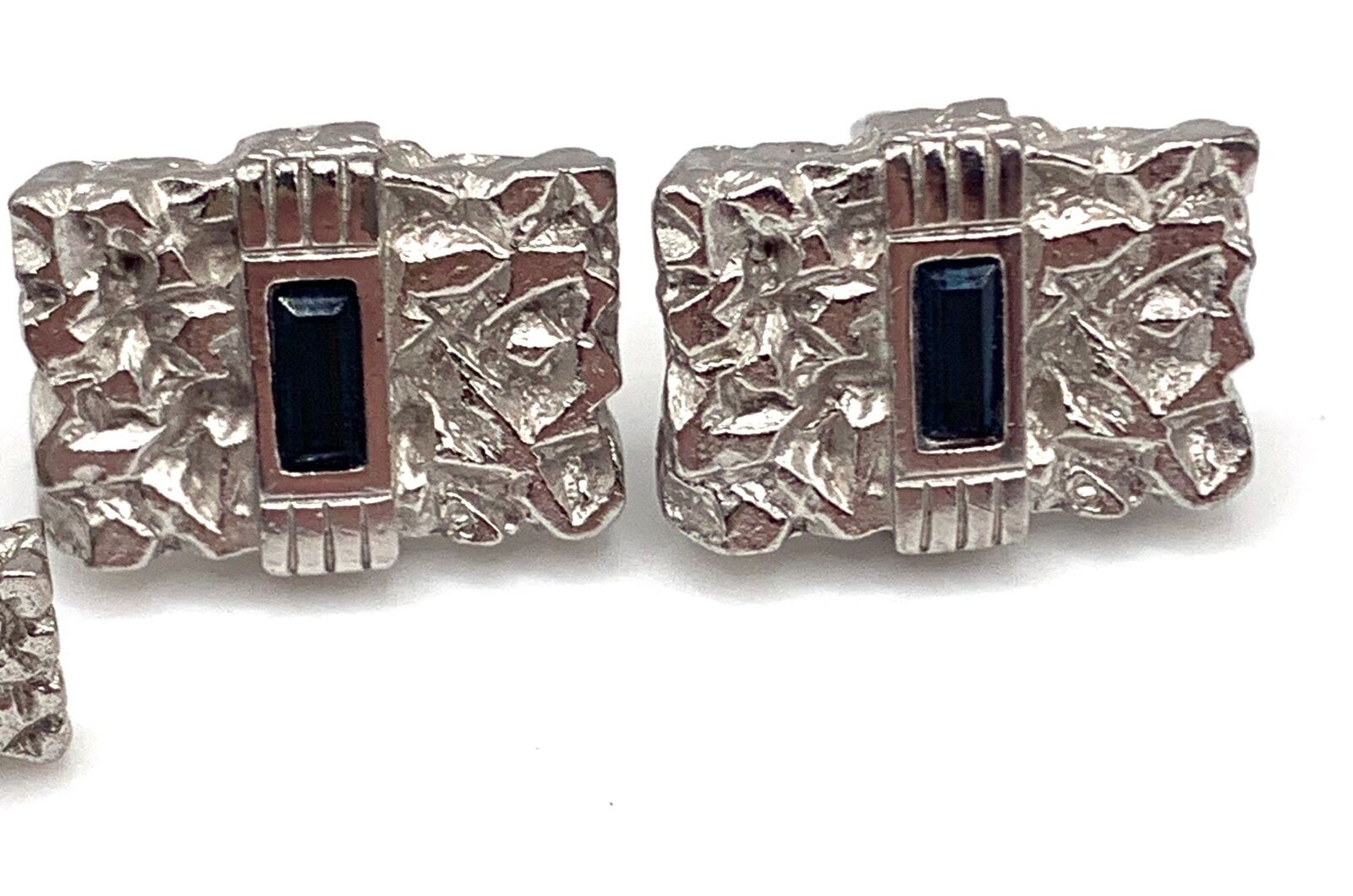 Vintage Swank tie pin and cufflinks set silver brutalist with dark blue stone