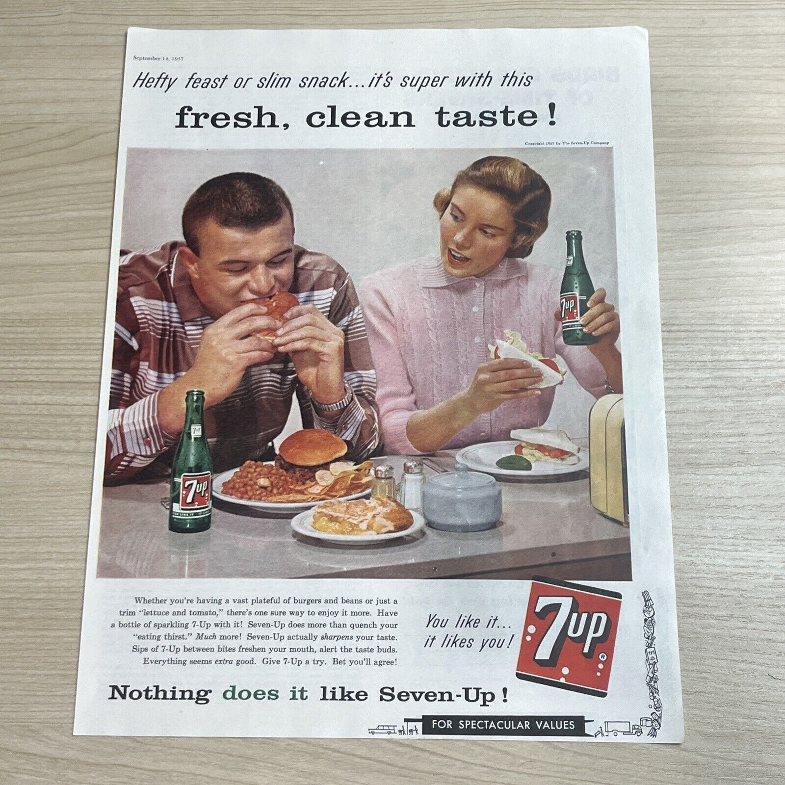 7 UP Seven Up Soda Fresh Clean Taste Diner Food 1957 Vintage Print Ad