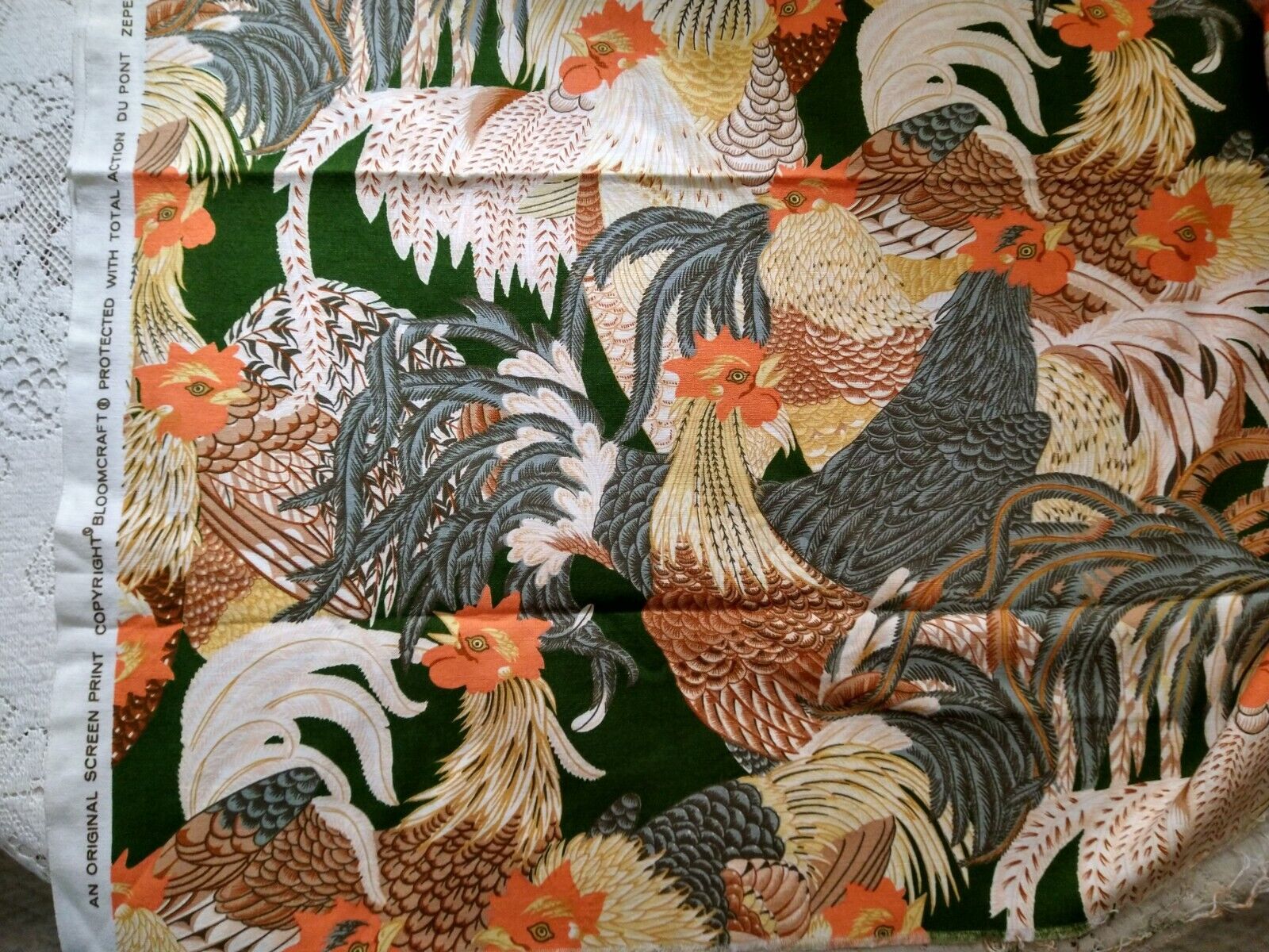 Vintge Bloomcraft Bloomgard Screen Print Rooster Fabric Japanese Fine Art 44x54