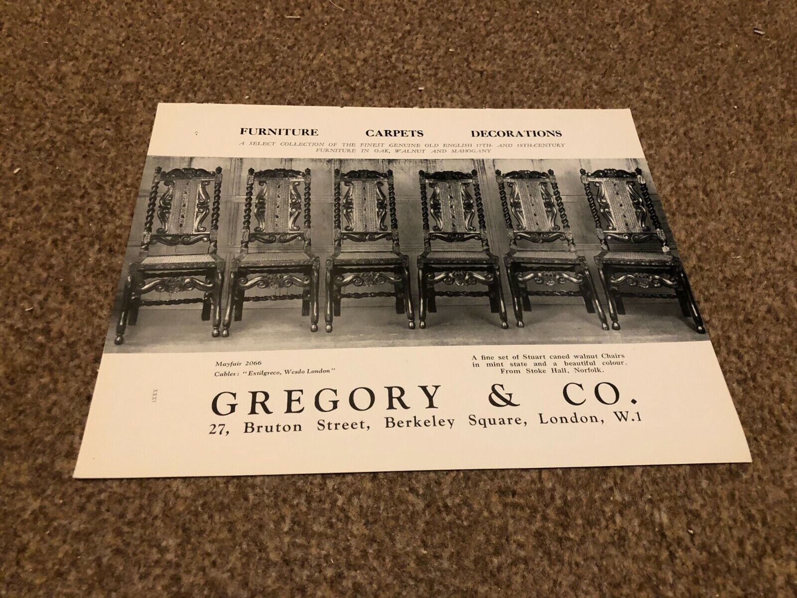 ANT7 ANTIQUE ADVERT 11X8 GREGORY & CO : FURNITURE. CARPETS & DECORATIONS