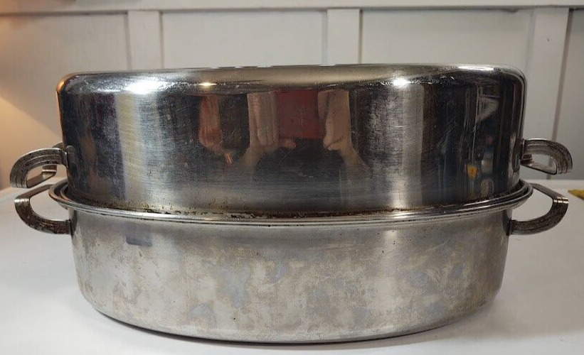 Vintage Flint Ware By Ecko Stainless Steel Turkey Roasting Pan 16”x 10” Covered