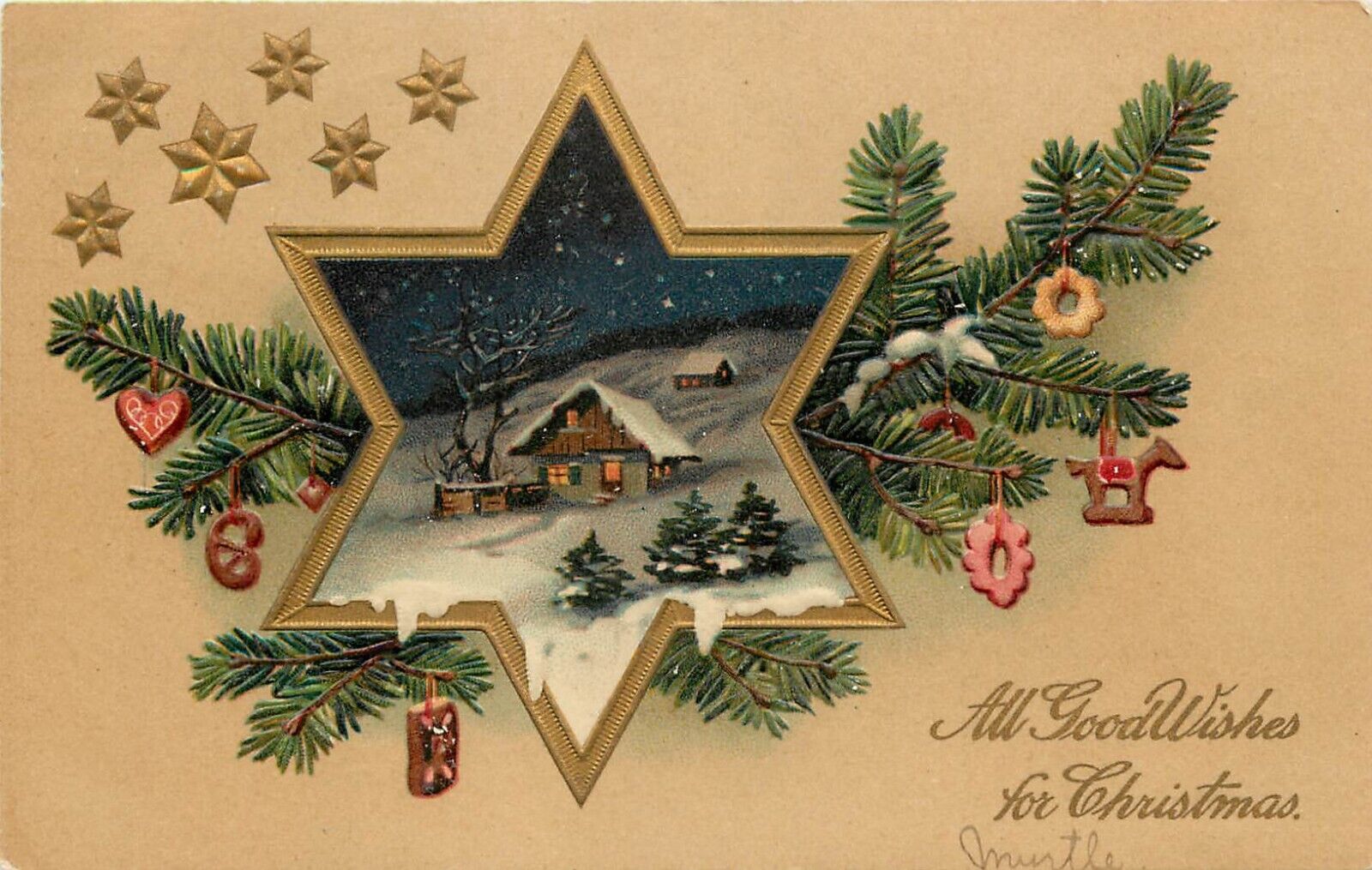 PFB Christmas Cookies Postcard 6985 Snow Scene in Star Decorate Tree Branches