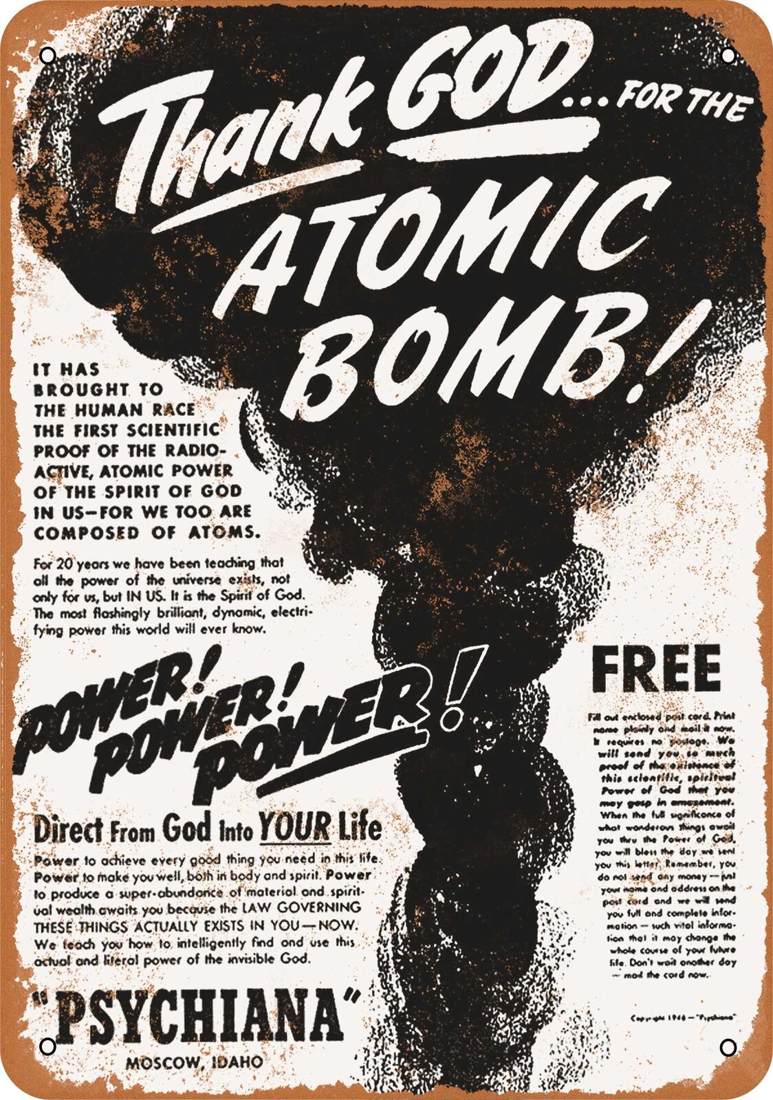 Metal Sign - 1946 Thank God for the Atomic Bomb - Vintage Look Reproduction