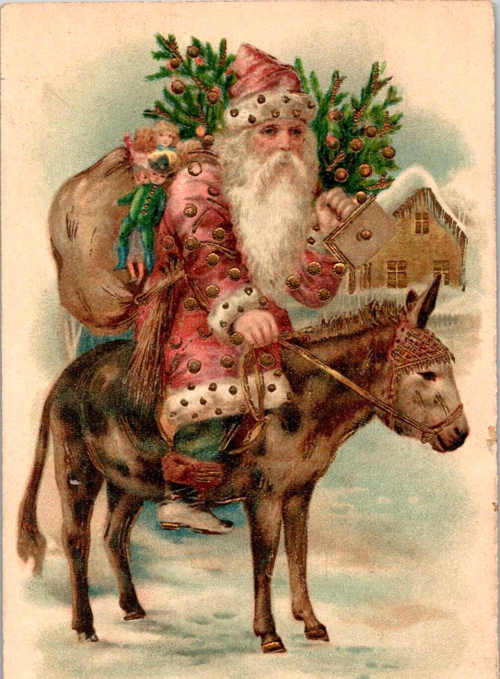 1920s GERMANY Christmas Postcard Rose Suited Santa Rides Donkey Carries Tree