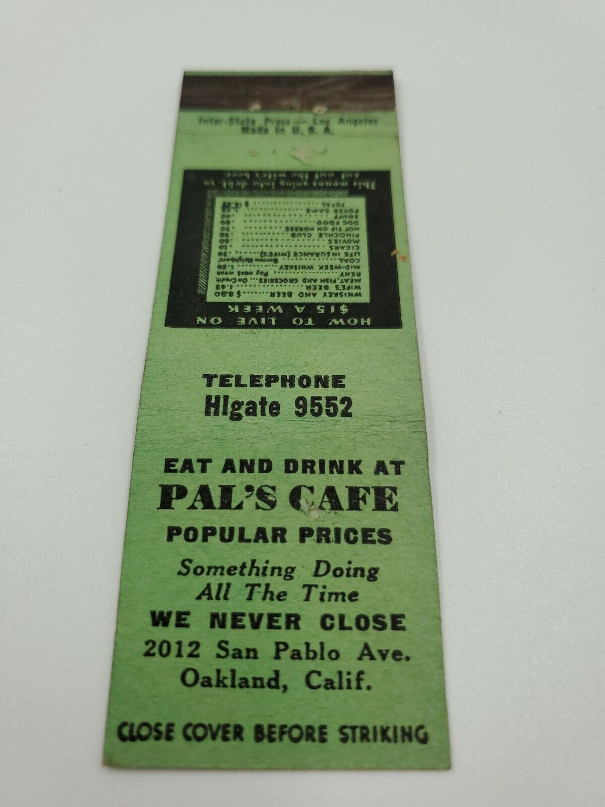Pal\'s Cafe Oakland California Matchbook Cover