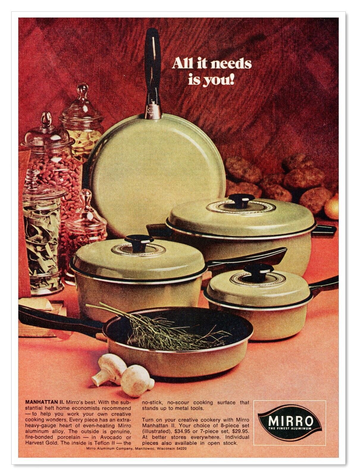 Mirro Aluminum Cookware Set Manhattan II Vintage 1972 Full-Page Magazine Ad