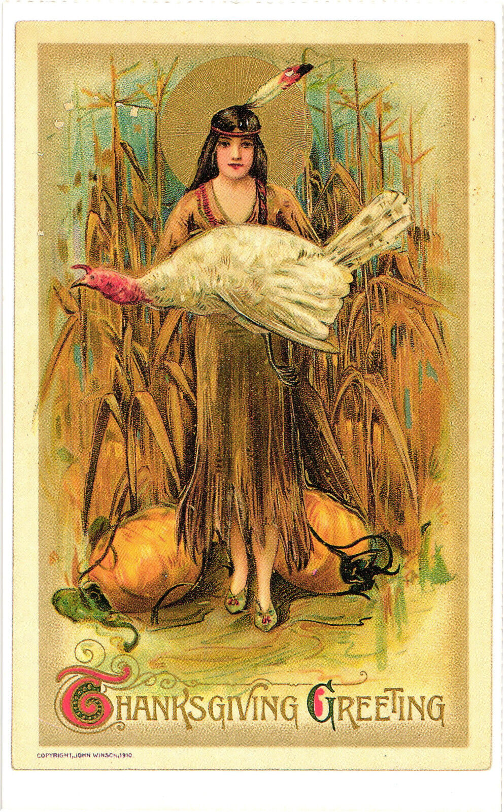 Thanksgiving Greetings - Girl with Turkey Vintage Reproduction Postcard Unposted