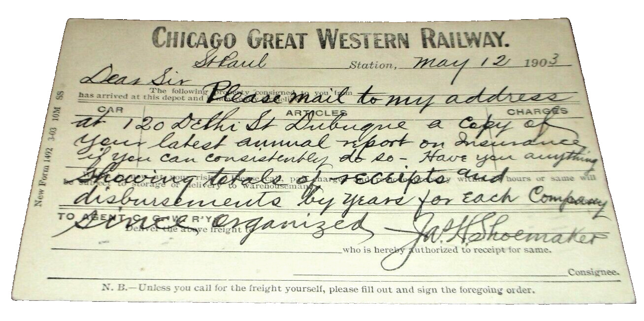 1903 CHICAGO GREAT WESTERN RAILWAY POST CARD TO IOWA INSURANCE COMMISSIONER