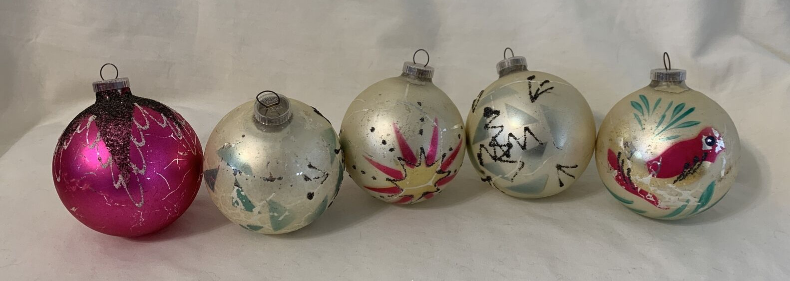 West Germany Vintage Glass Christmas Tree Ornaments Glitter Lot of 5
