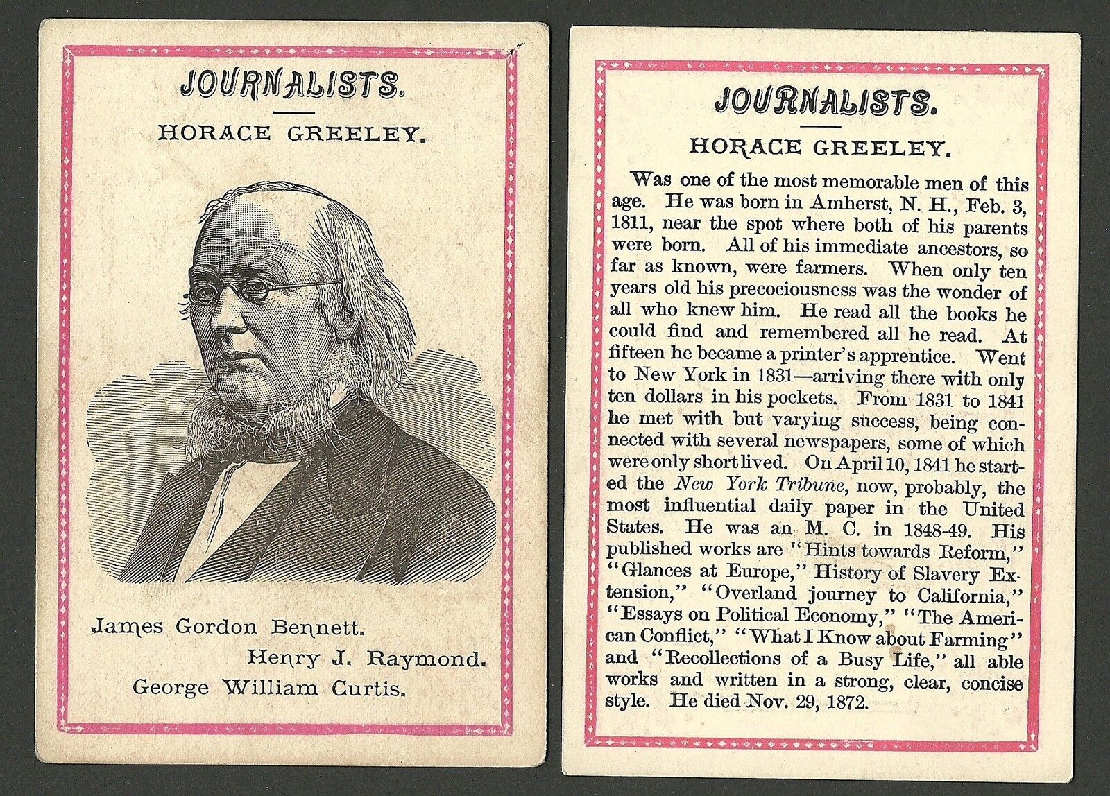 Horace Greeley Journalist Author of Political Reform Famous Person History Card