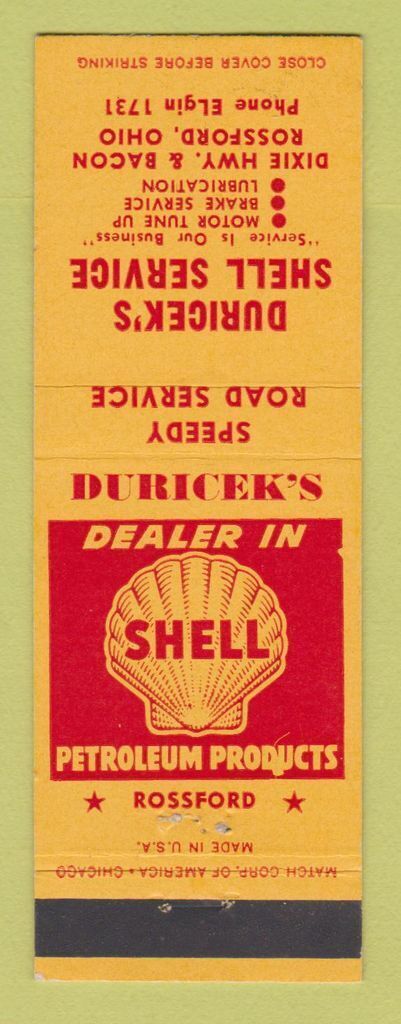 Matchbook Cover - Shell oil gas Duricek\'s Rossford OH