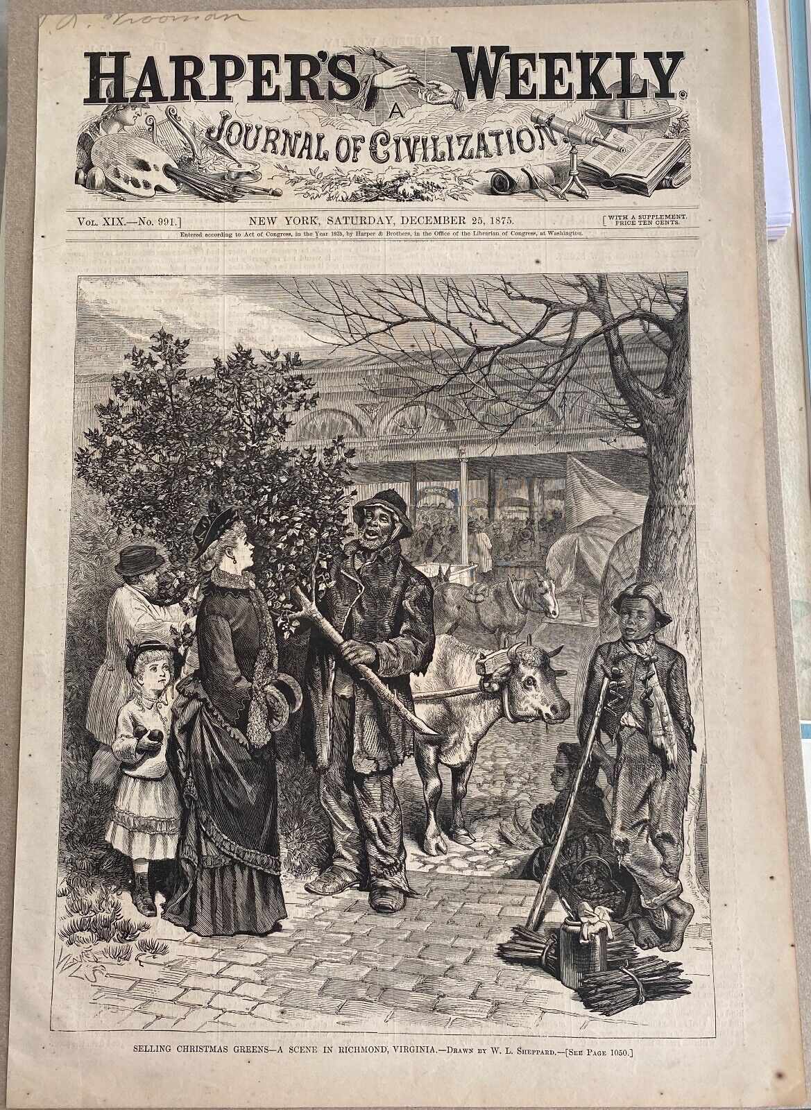 Vintage Harper's Weekly Cover, Dec.25, 1875-Black History in VA, Christmastime