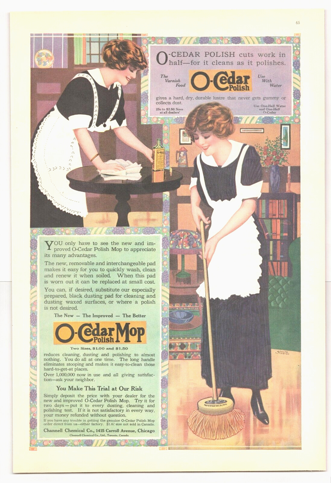 1913 O CEDAR Mop Polish antique art PRINT AD household cleaner furniture maids