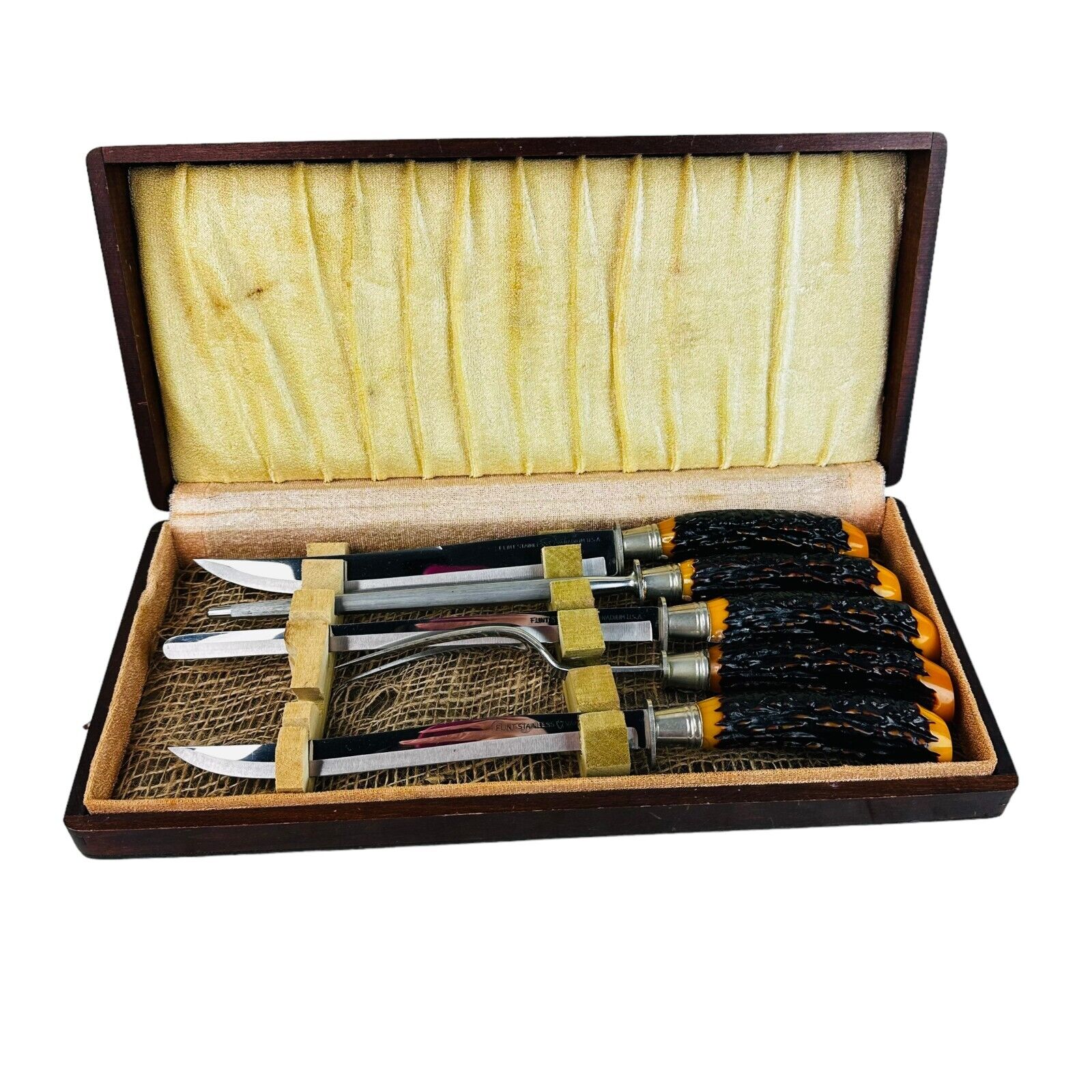 Vtg Flint-Hollow Ground Cutlery 5 Piece Horn Carving Set & Wood Box
