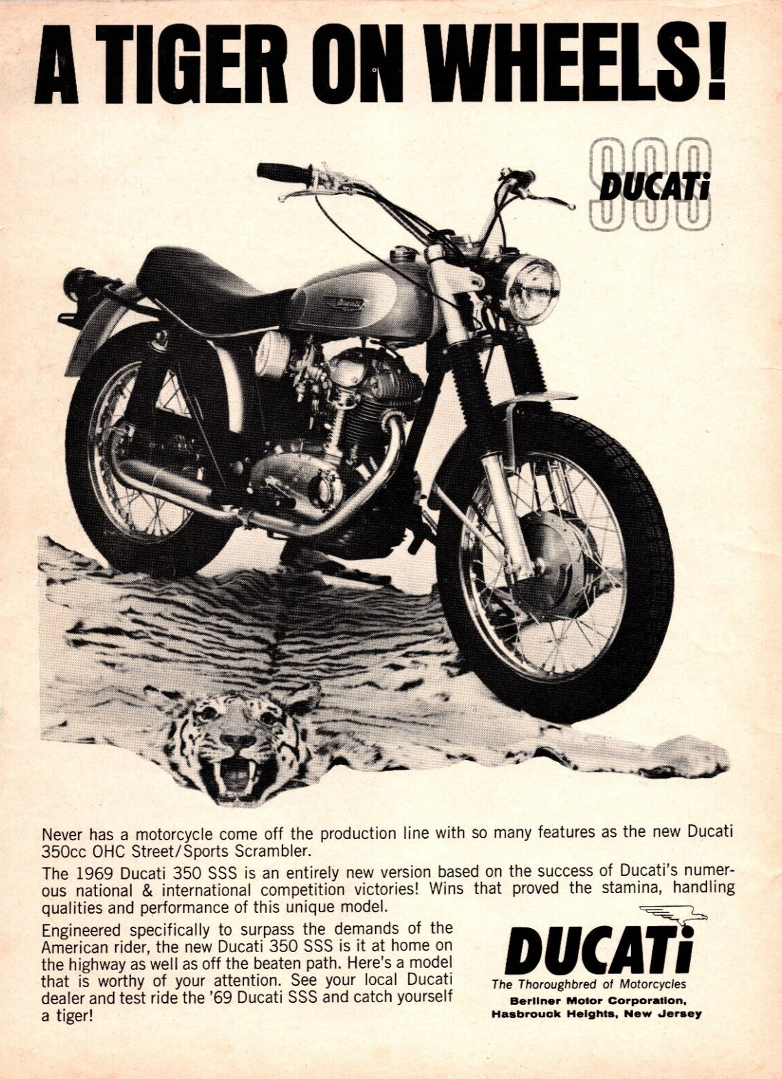 1969 Ducati 350 SSS A Tiger On Wheels Vintage Original American Print Ad