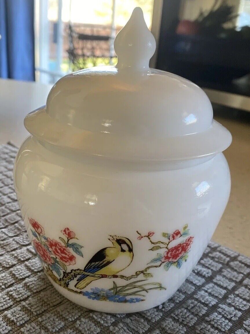 Vintage Avon Cannister Milk glass with florals and bird-70\'s