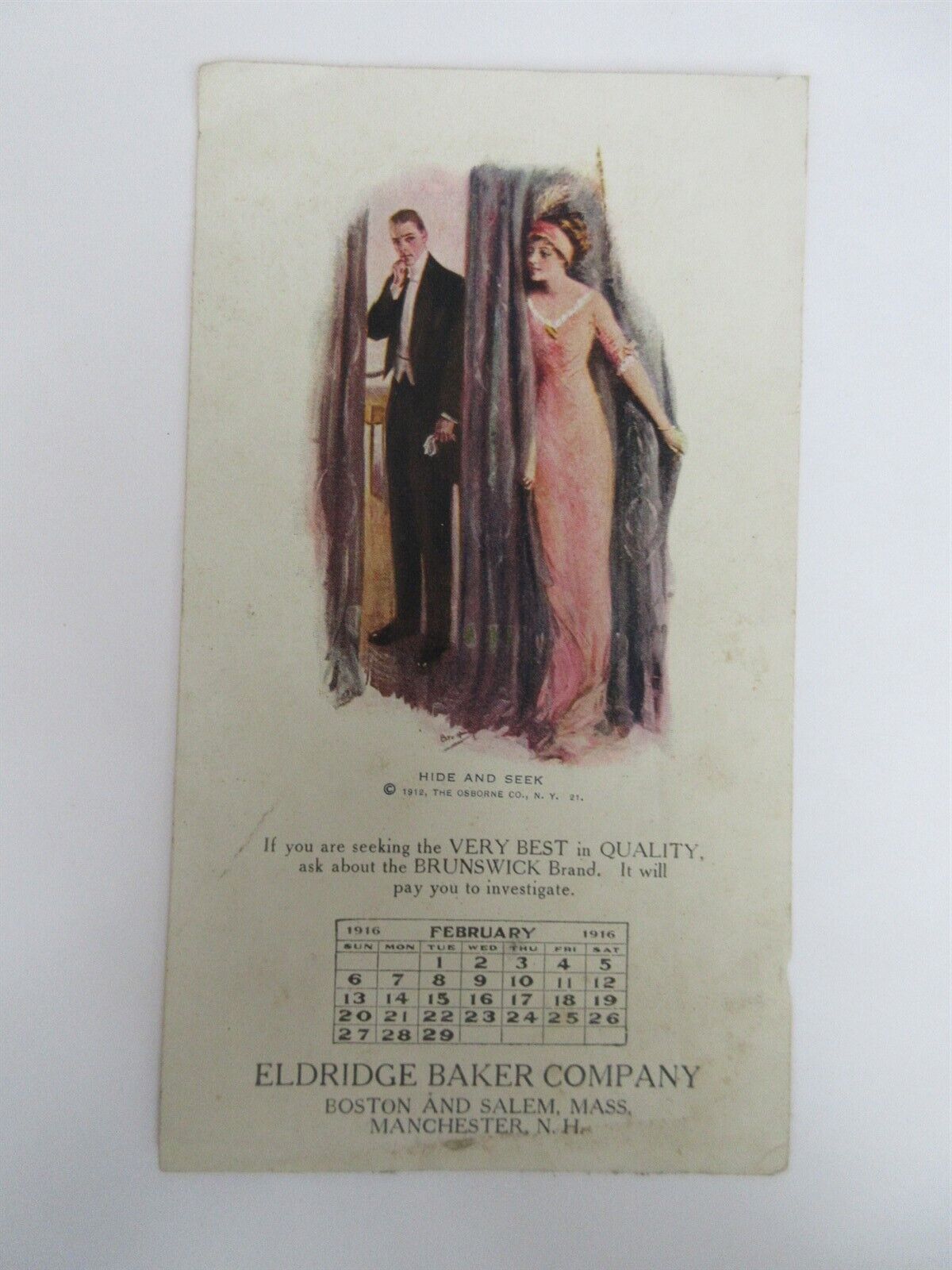 1916 February Calendar Eldridge Baker Company Ink Blotter Hide and Seek