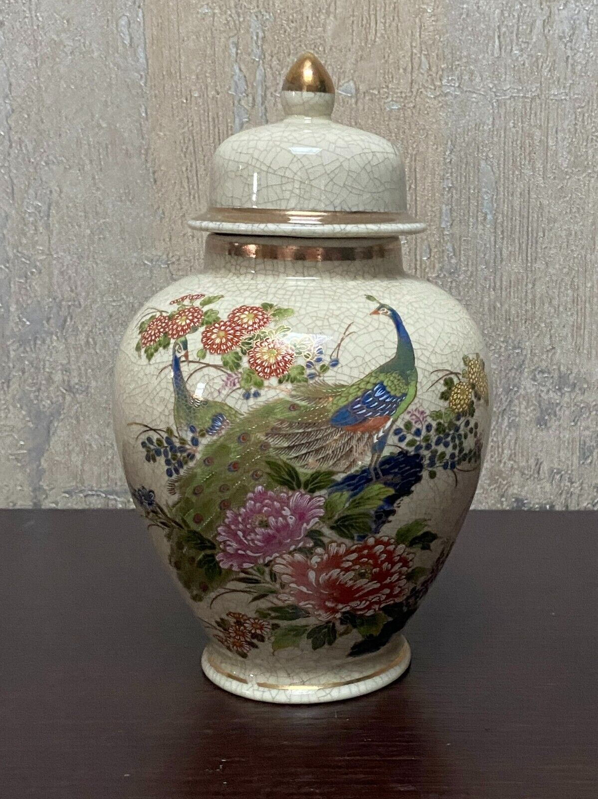 Vintage Crackle Finish Japanese Ginger Jar with Peacock