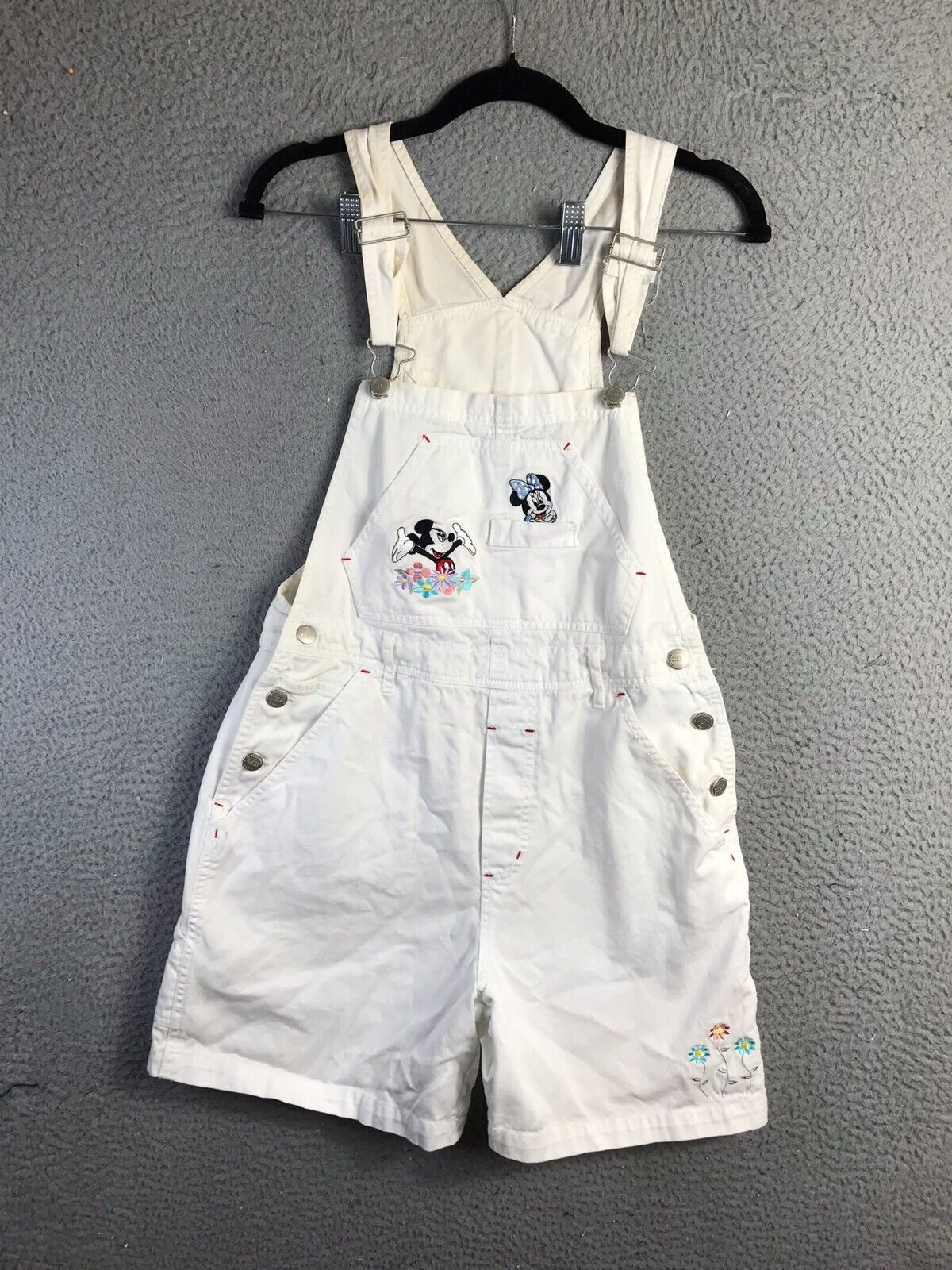 90s Mickey Unlimited Shortalls Womens S White Jerry Leigh Embroidered Overalls