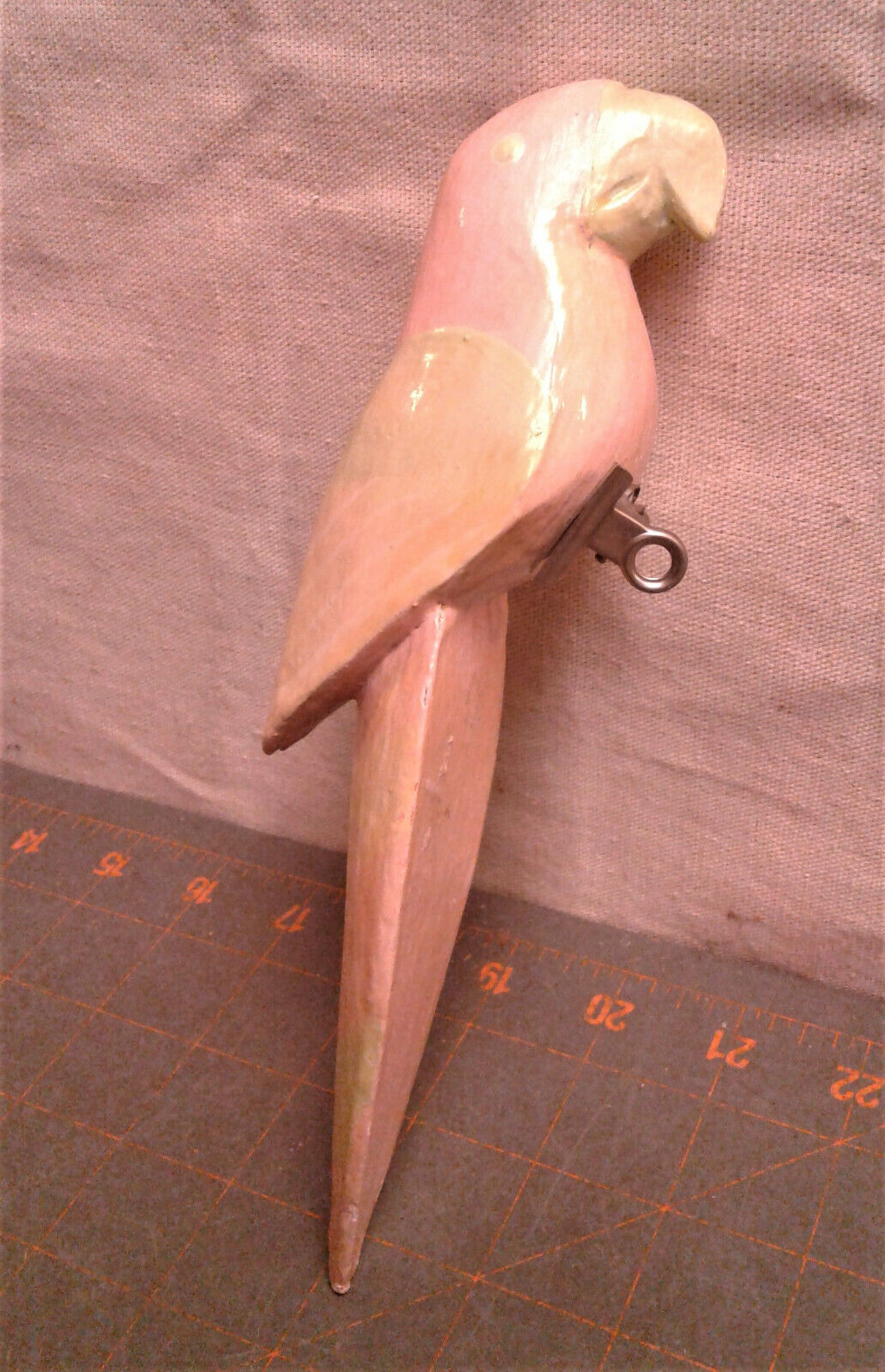Vintage Parrot with Metal Spring Paper Clip Pale Pink and Green Balsa Wood  