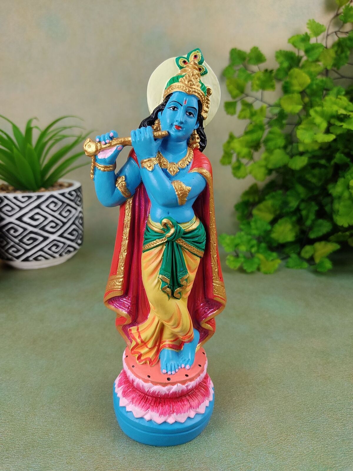 India God Sri Krishna Holy Ganges Clay Handmade Hand-painted Statue 7.25\