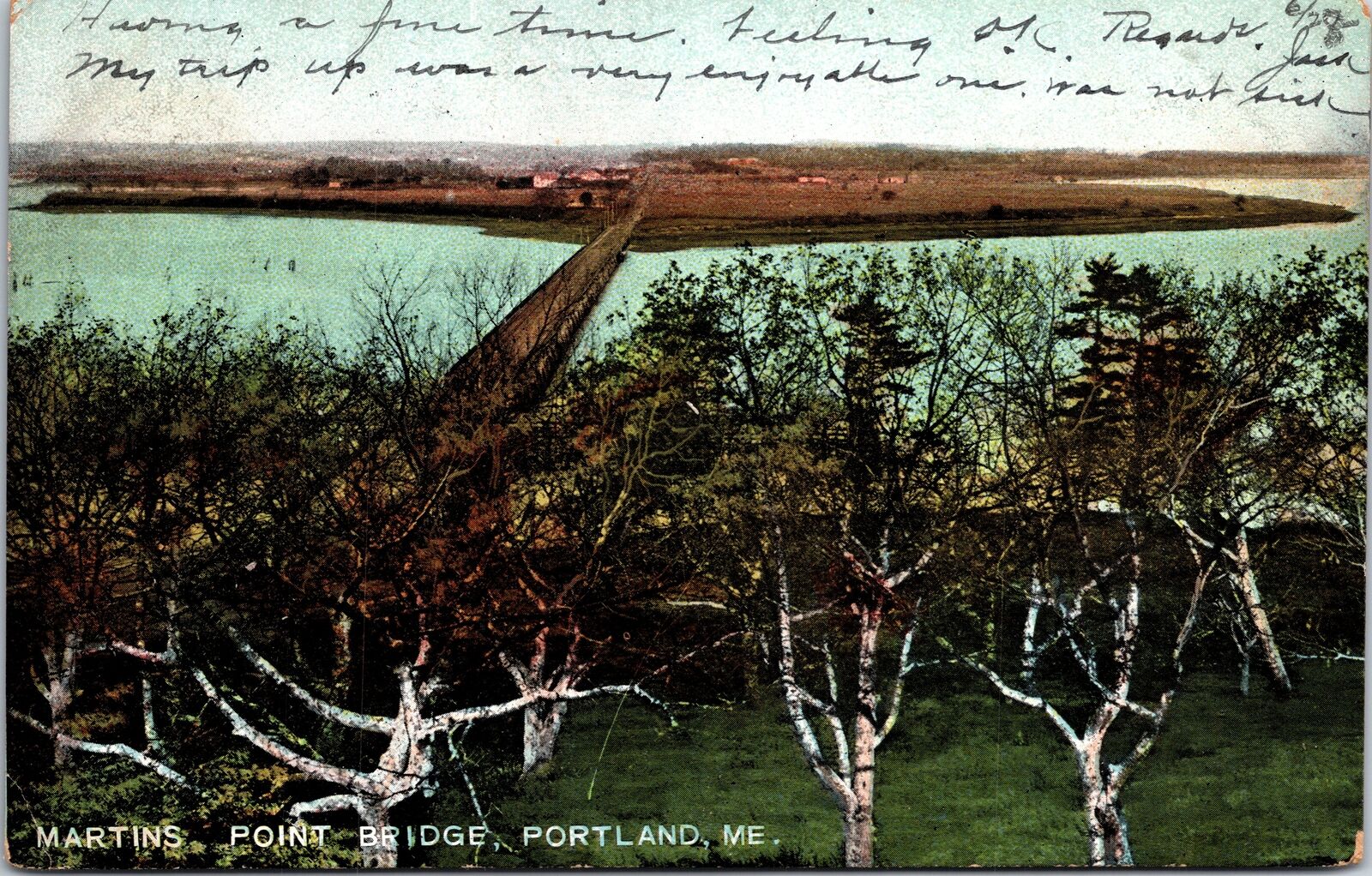 VINTAGE POSTCARD MID-AERIAL VIEW OF MARTINS POINT BRIDGE AT PORTLAND MAINE 1907