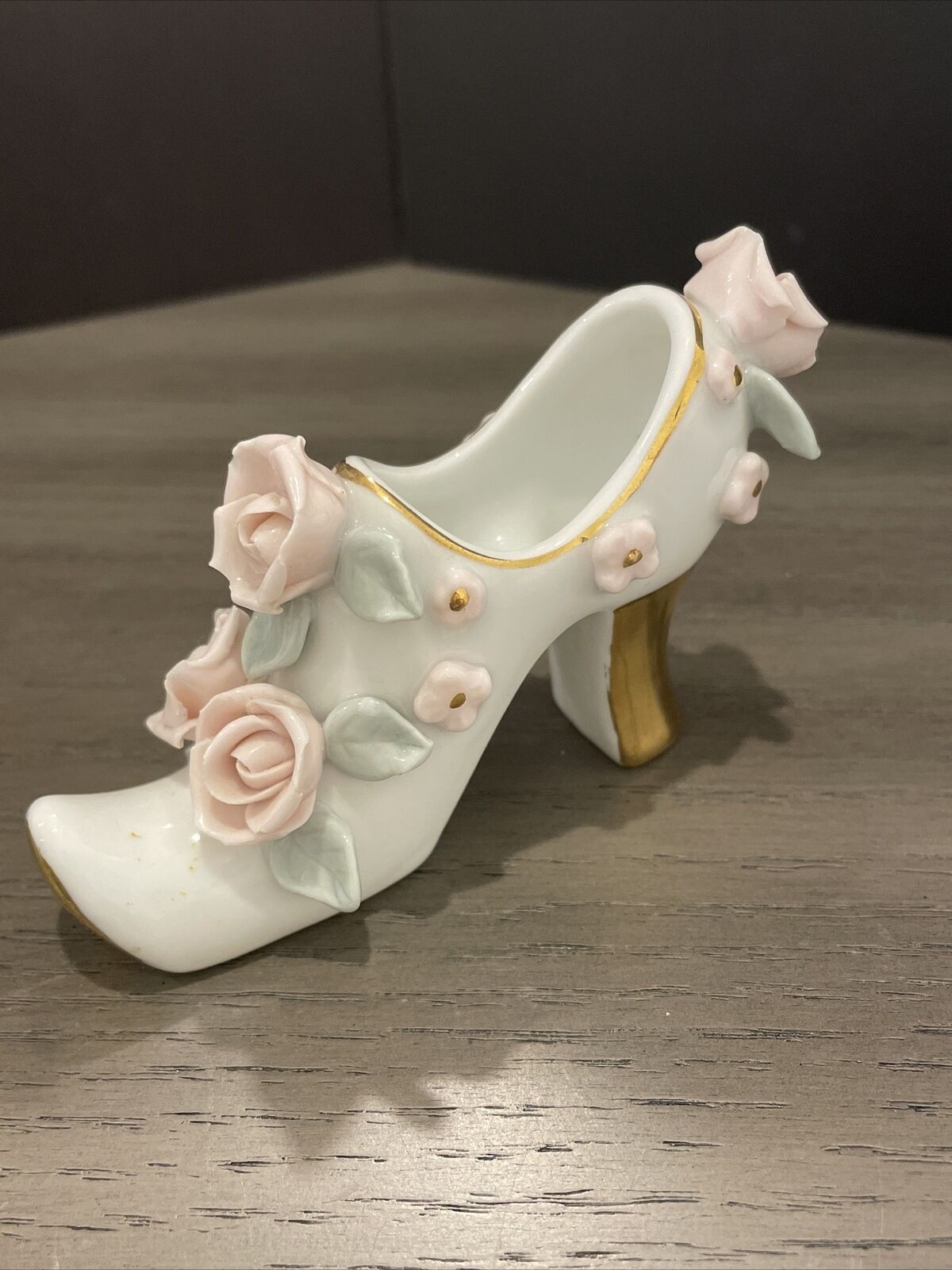 Collectible Vintage Mini Shoe Capodimonte Porcelain Pink Rose Floral Gold Accent