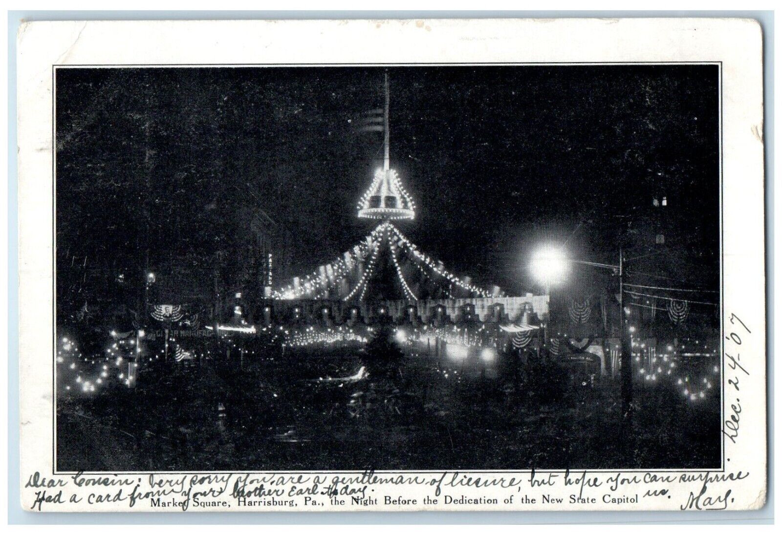 1907 Market Square Night New State Capitol Harrisburg Pennsylvania PA Postcard