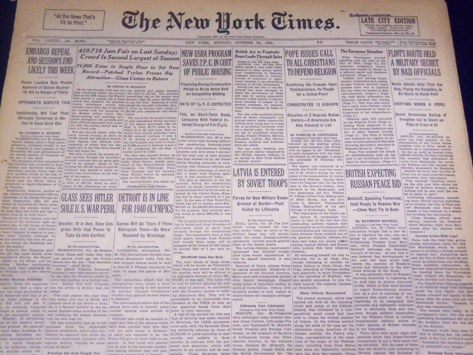 1939 OCTOBER 30 NEW YORK TIMES - 2ND LARGEST CROWD AT FAIR - NT 3692