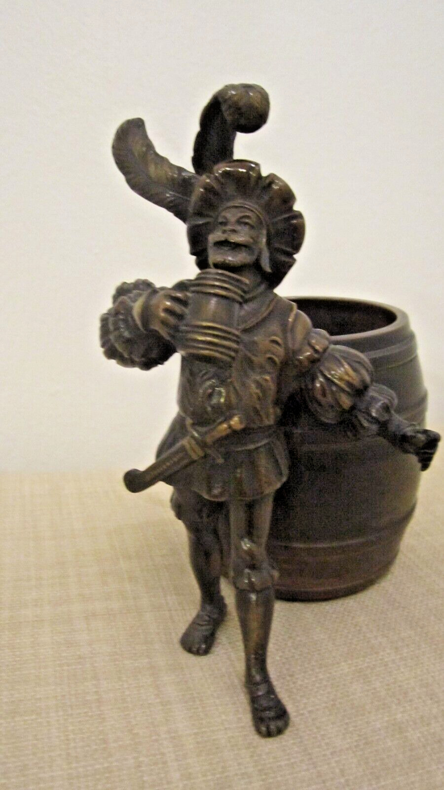 Antique Bronze Sculpture Beer Barrel Renaissance Gentleman Pencil Pen Holder
