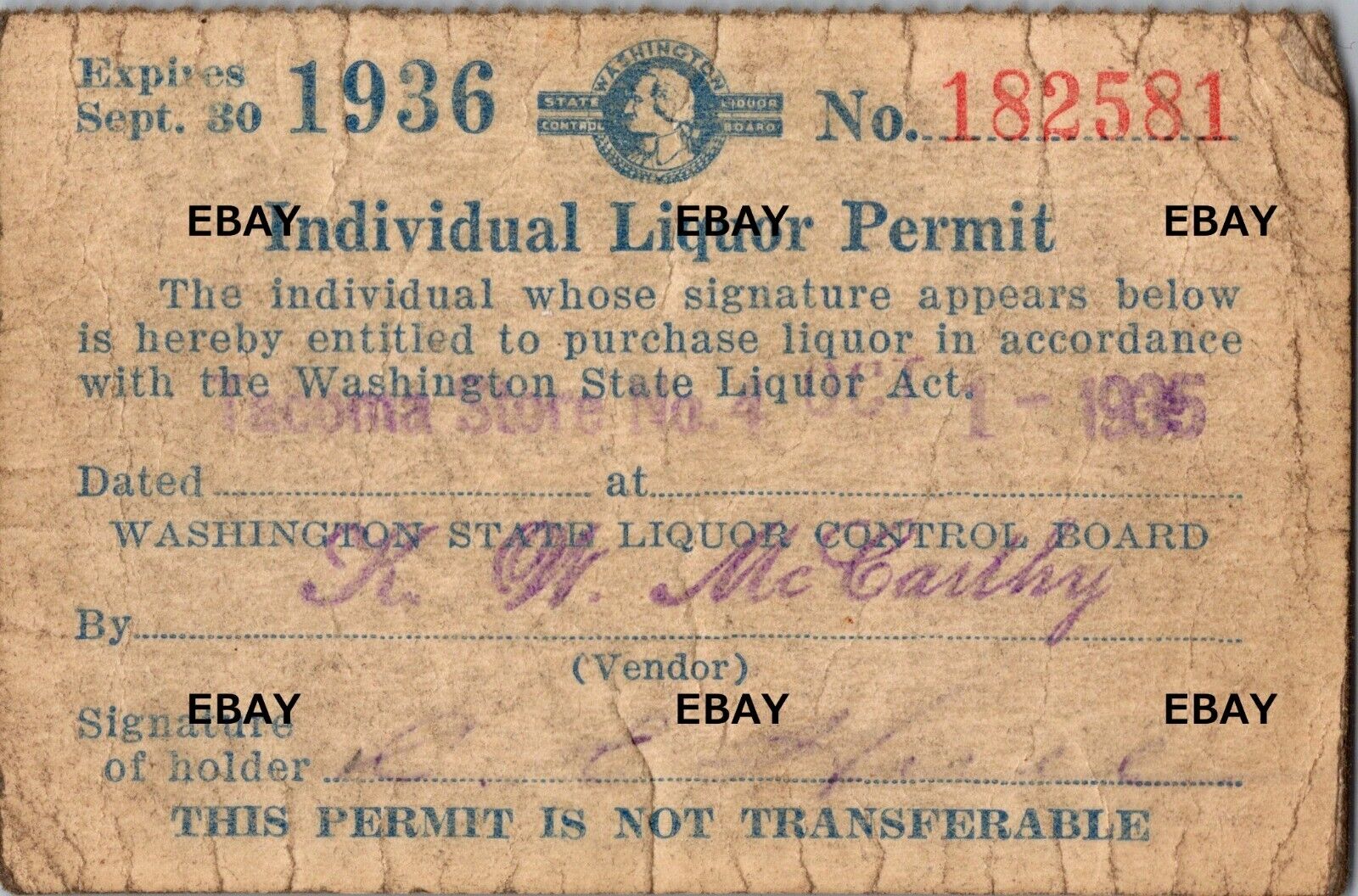 1936 Washington State Individual Liquor Permit Card No 182581