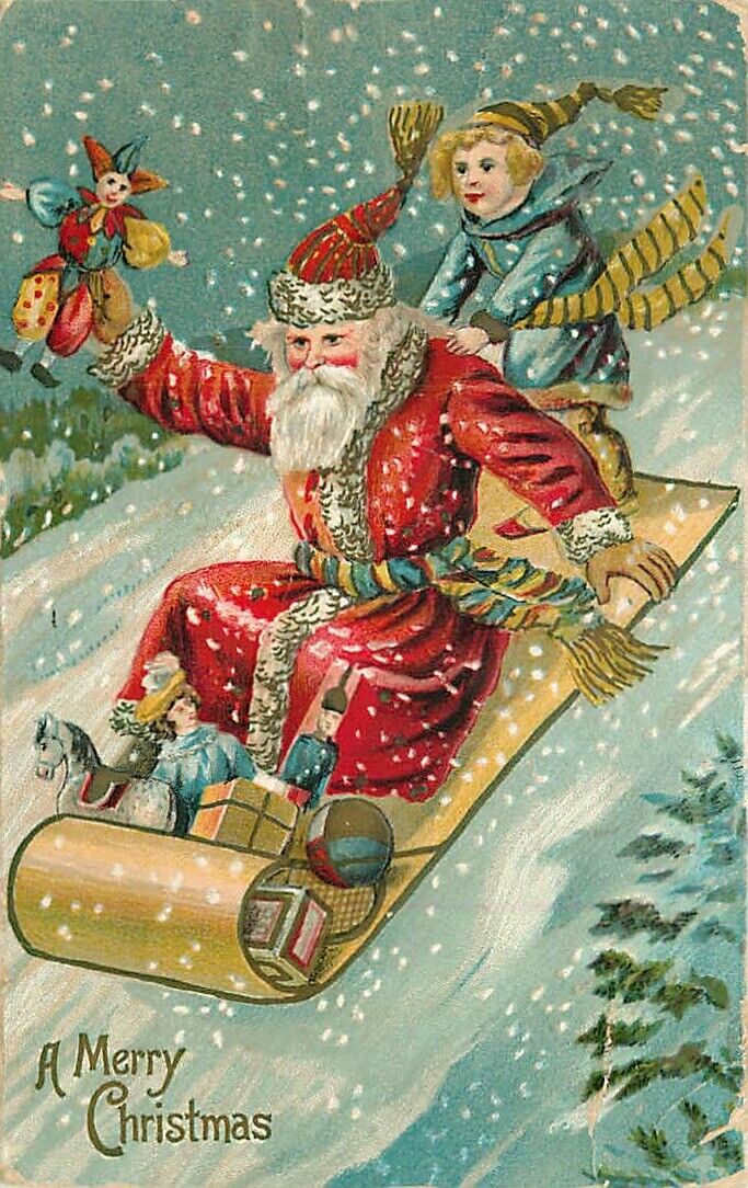 Embossed Christmas Postcard Santa Claus on Toboggan w/ Child & Toys