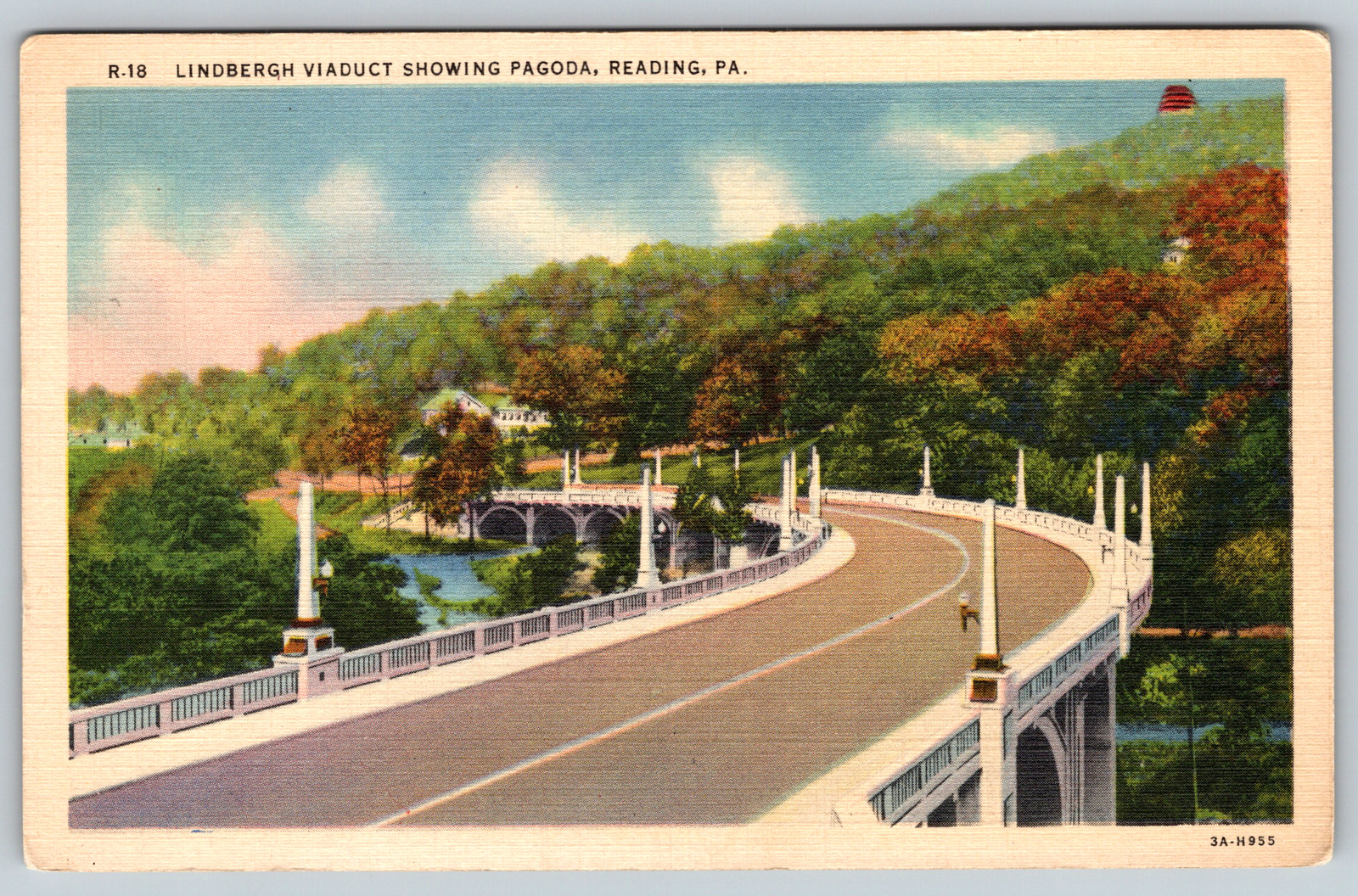 Lindbergh Viaduct Pagoda Reading Pennsylvania Curt Lynn c1940s Vintage Postcard