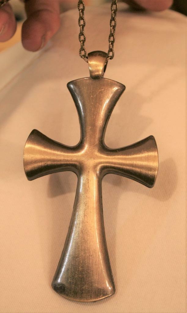 Large Sloped Brushed Finish Brasstone Pectoral Cross Religious Pendant Necklace