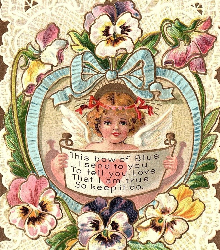 1910 BE MY VALENTINE CUPID FLOWERS LACE RIBBONS VICTORIAN POSTCARD 46-9