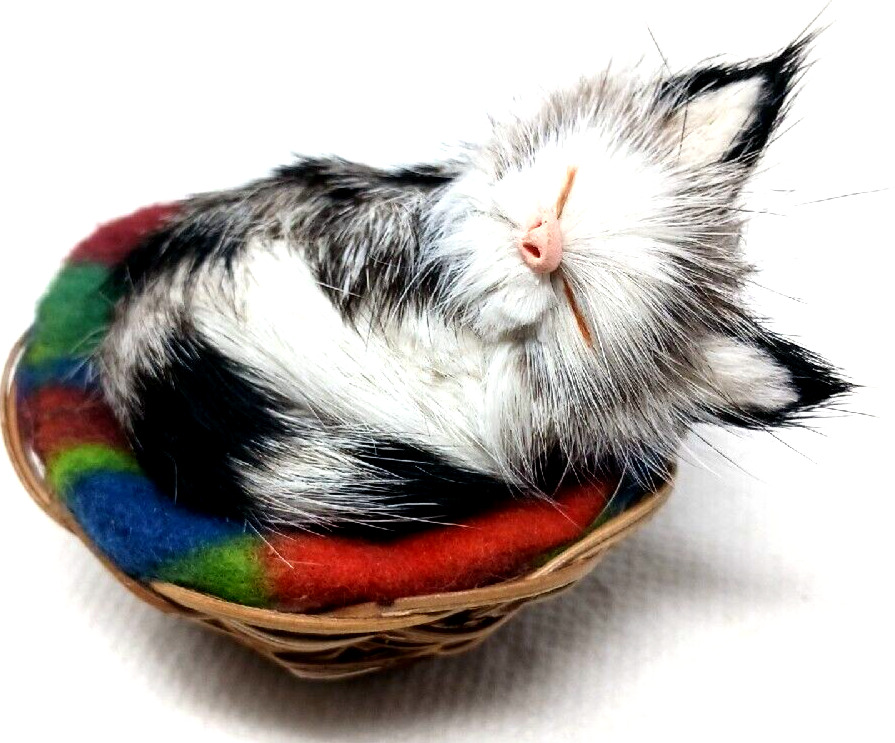 Kitten in Basket Real Rabbit Fur Gray White Cat Life Like Toy Miniature #S2