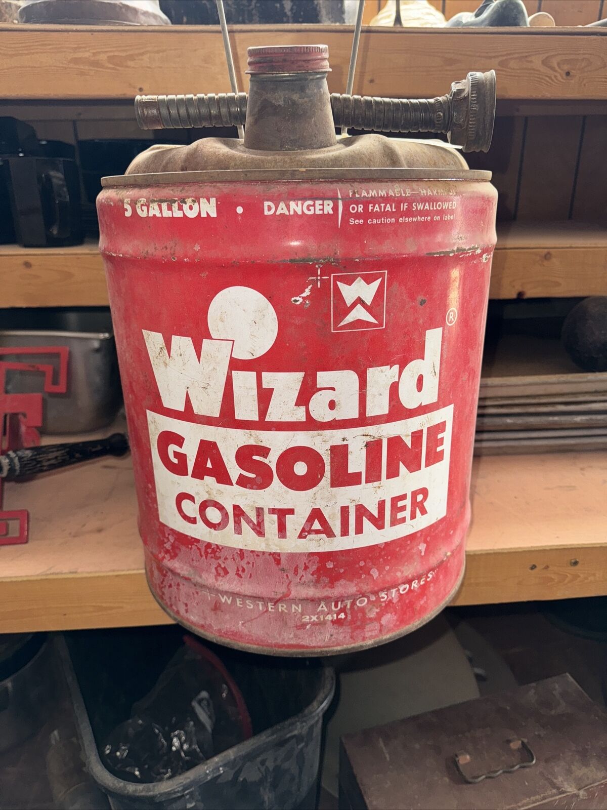 5 Gallon Vintage Wizard Gasoline Container Western Auto Stores 2x 1414