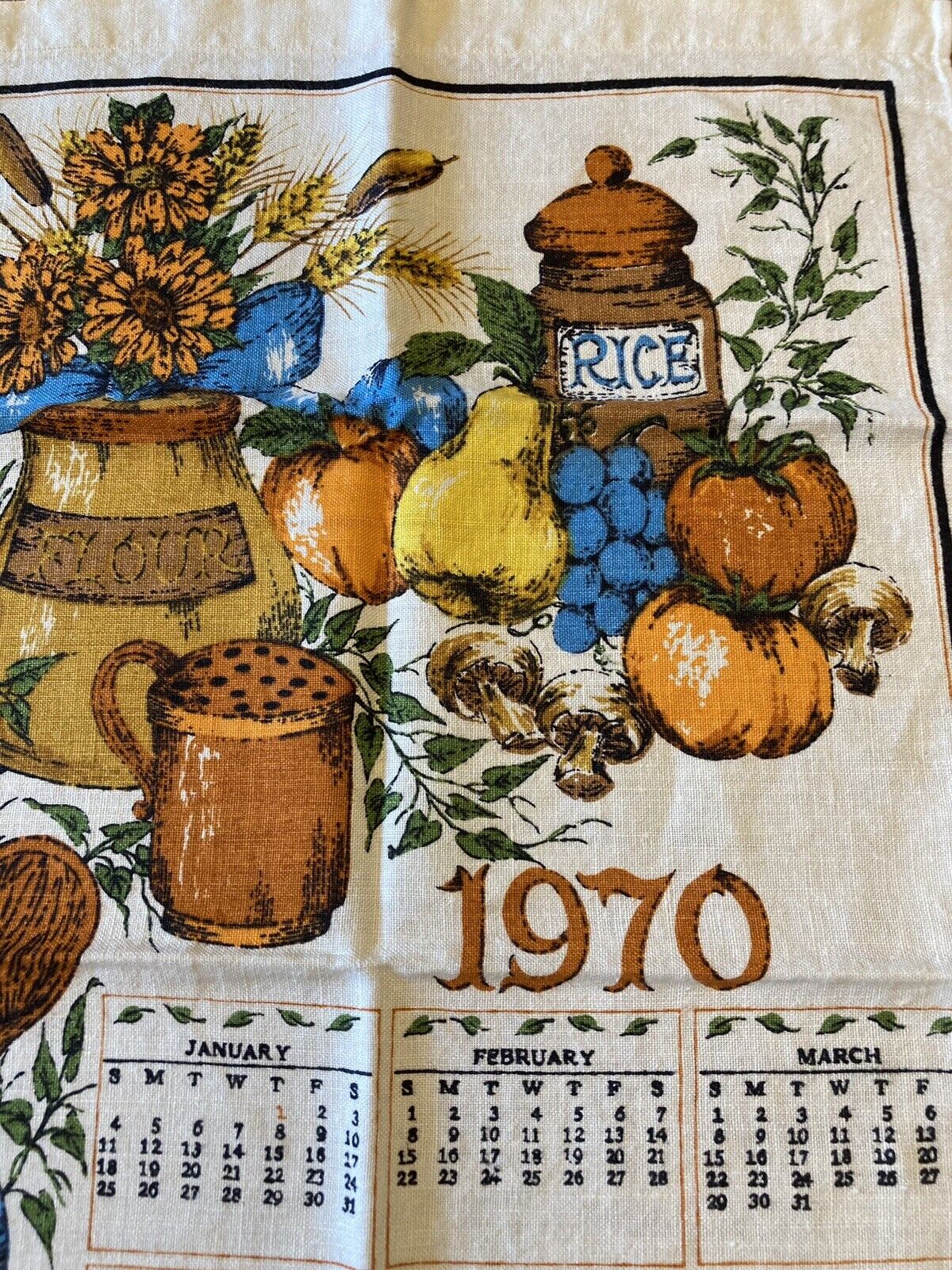 Vtg 1970 Calendar Tea Towel Kitchen Wall Hanging Fruits Mushroom Rice Grannycore