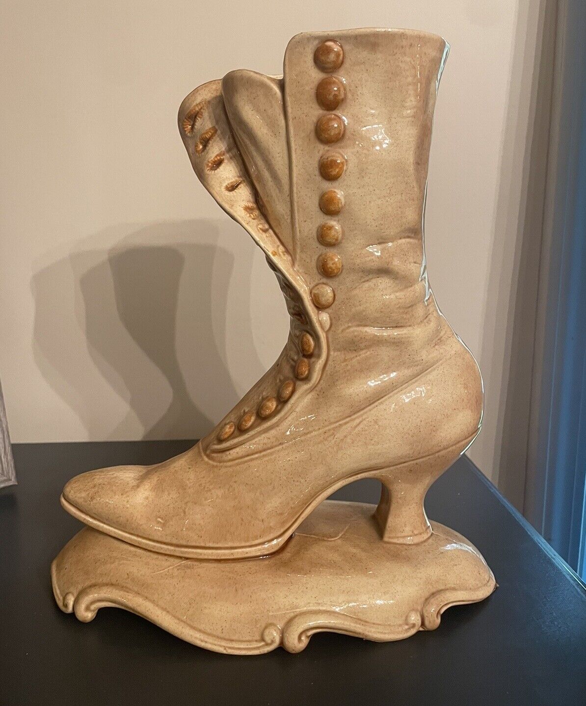 Vintage Victorian Ceramic Button Up Boot Shoe On Pedestal