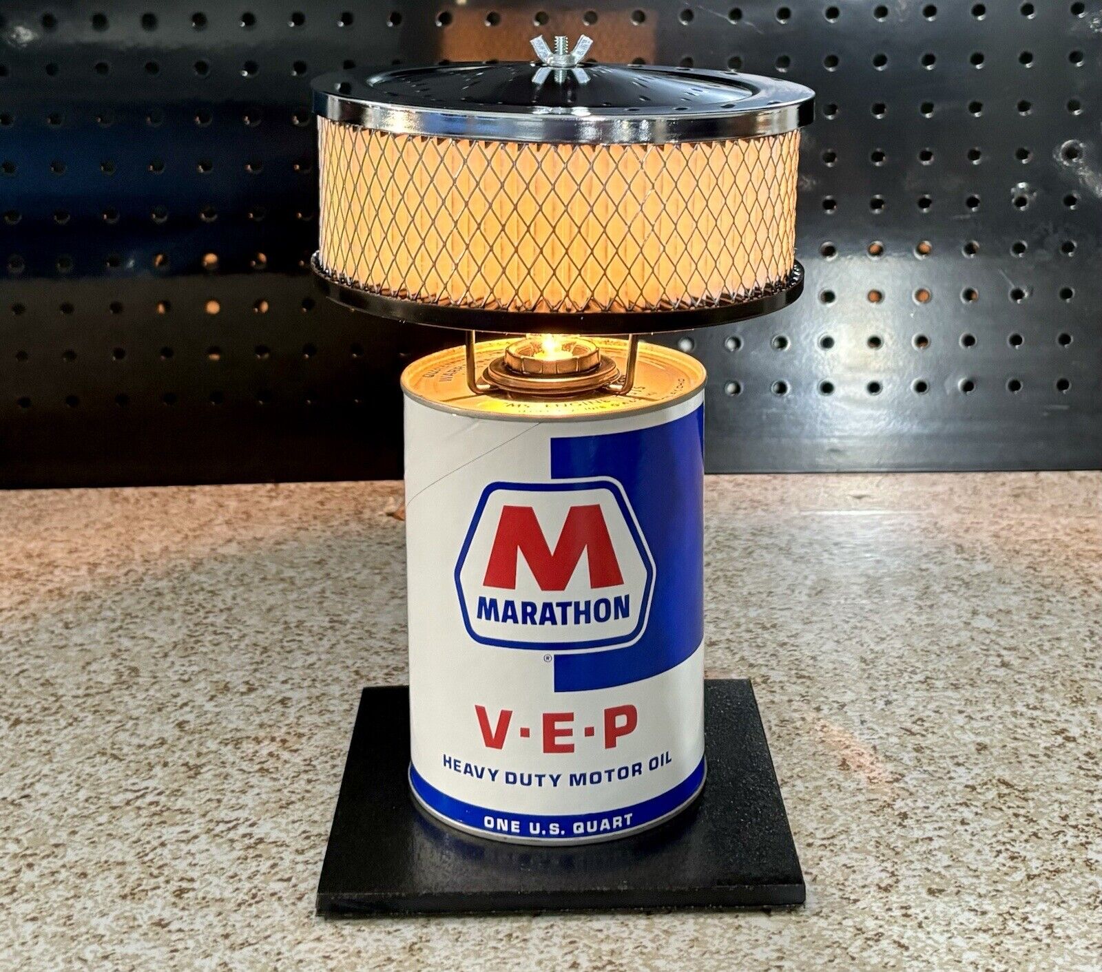 Authentic Marathon V-E-P Oil Can Lamp with Chrome Air Cleaner Shade