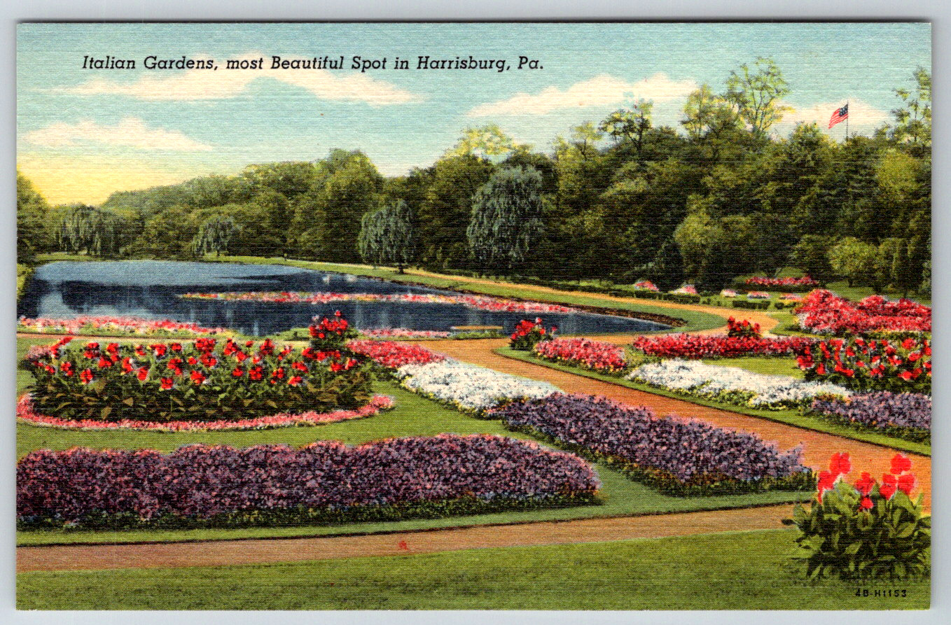 c1940s Italian Gardens Harrisburg PA Vintage Linen Postcard