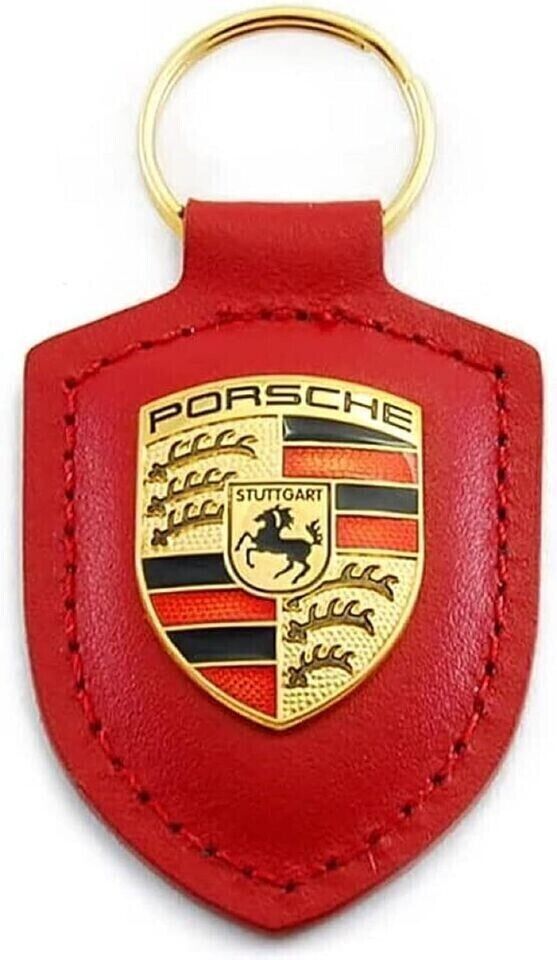 Porsche Crest Red Leather Keychain with a Timeless Logo - Key Fob