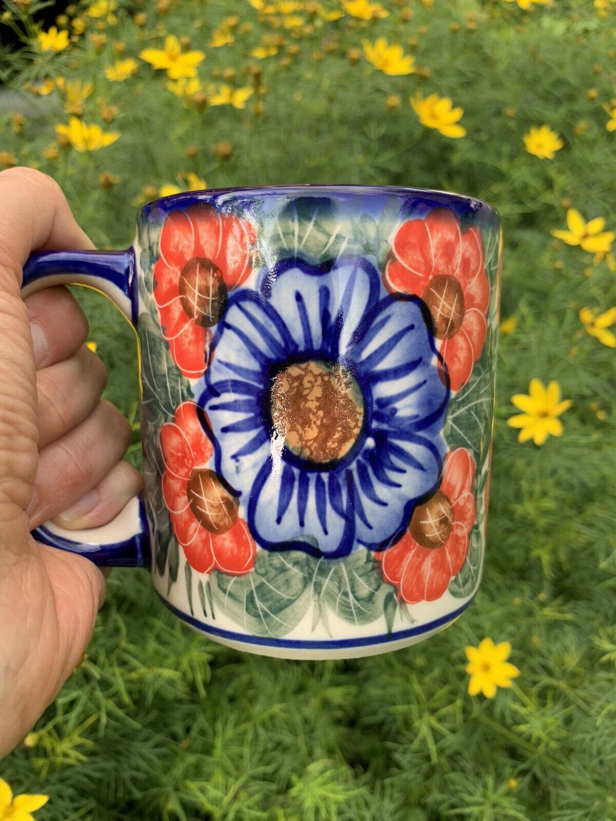 NEW Unikat Polish Pottery Mug Flowers In Bloom Blue Floral Artist Signed