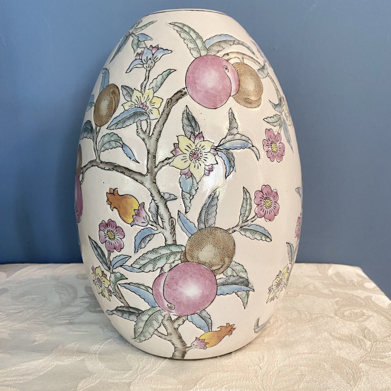 Vintage WBI 11”Porcelain Ceramic Egg Shaped Vase Hand painted Floral & Fruit